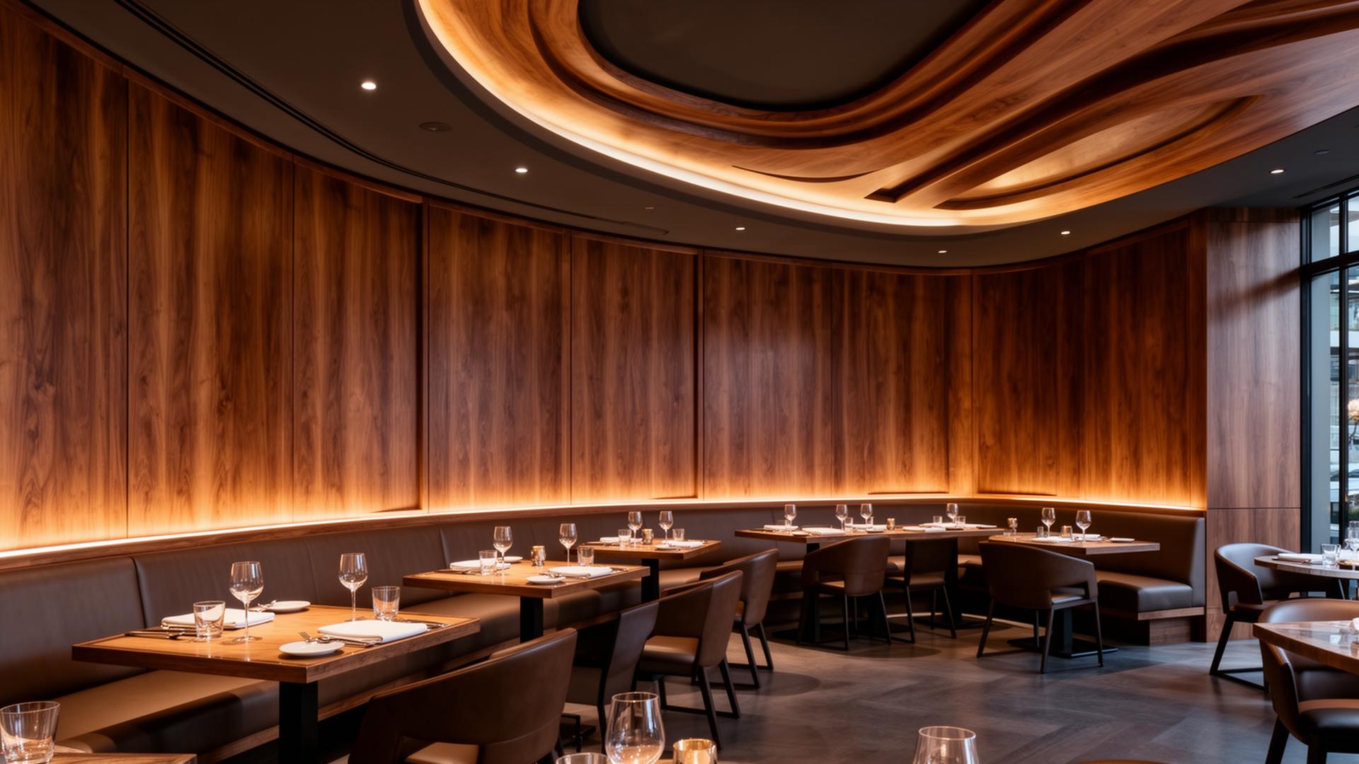 Custom architectural walnut millwork in a luxury restaurant interior